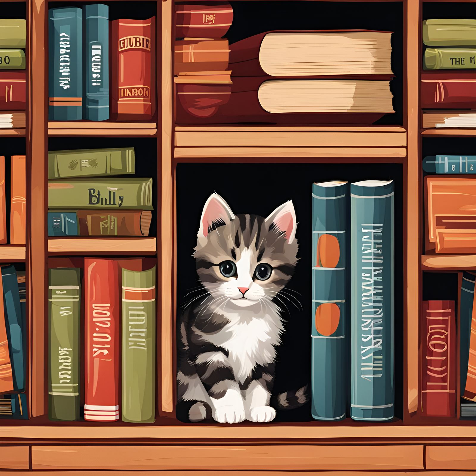 Kitten Hiding in Bookshelf: Whimsical Illustration