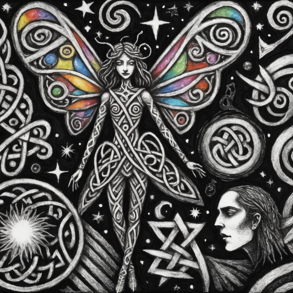 Surreal Celtic Fairy in Crayon Style with Rainbow Effect