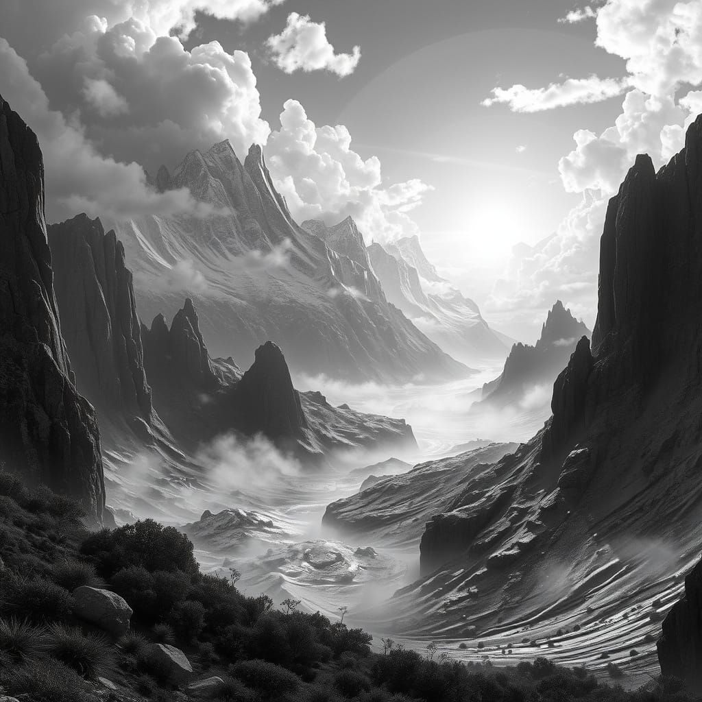 Ethereal Black and White Landscape in Digital Painting Style