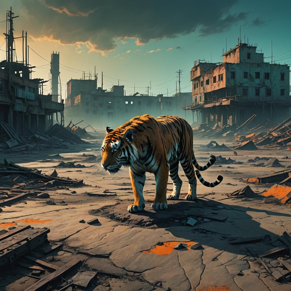 Dystopian Tiger in Post-Apocalyptic Wasteland