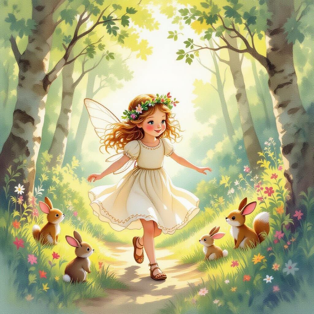 Fairy Girl and Forest Animals, Watercolor Storybook Illustra...
