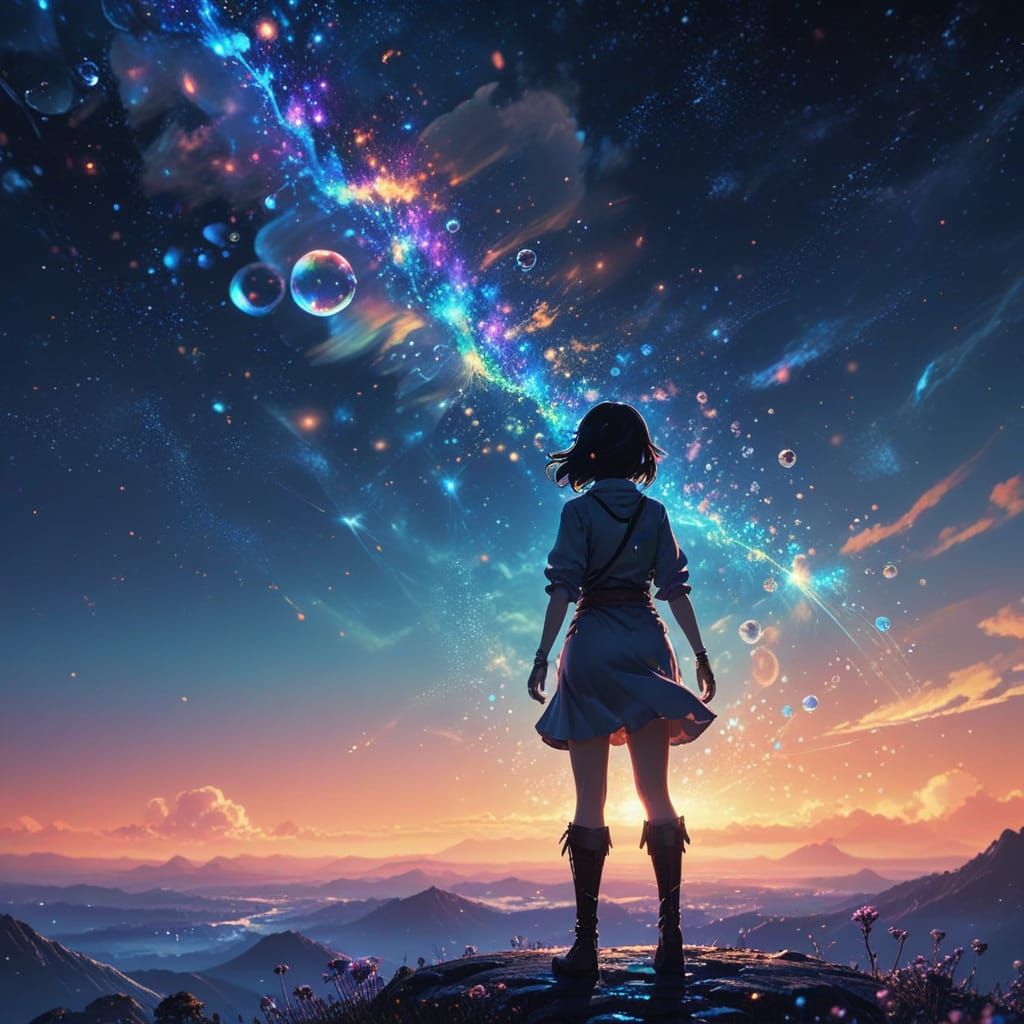 Galactic Fantasy World with Glittering Soap Bubbles in Dream...