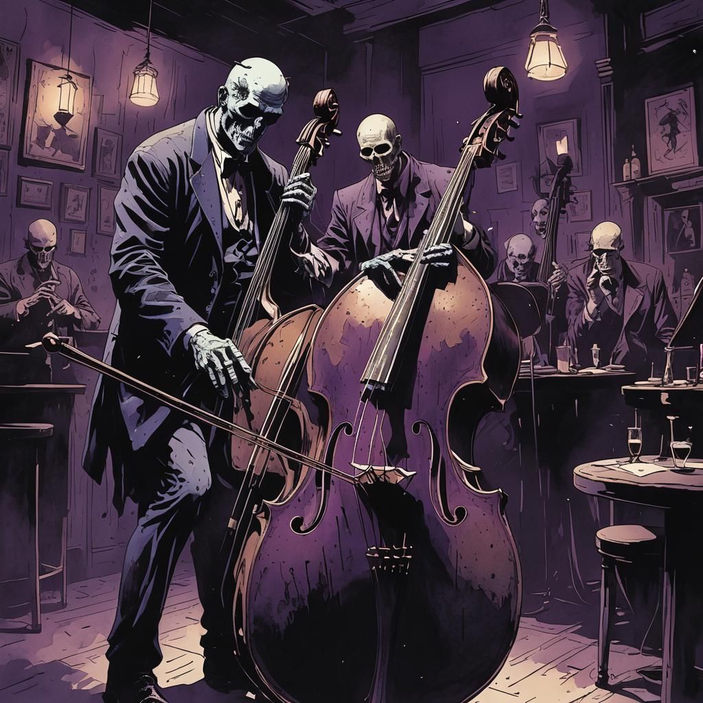 Lich Playing Bass in Jazz Bar, Mike Mignola Style