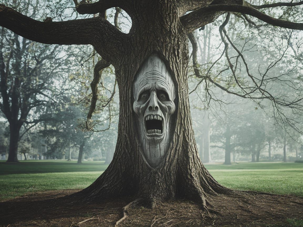Eerie Tree Face Carving: Cinematic Film Still