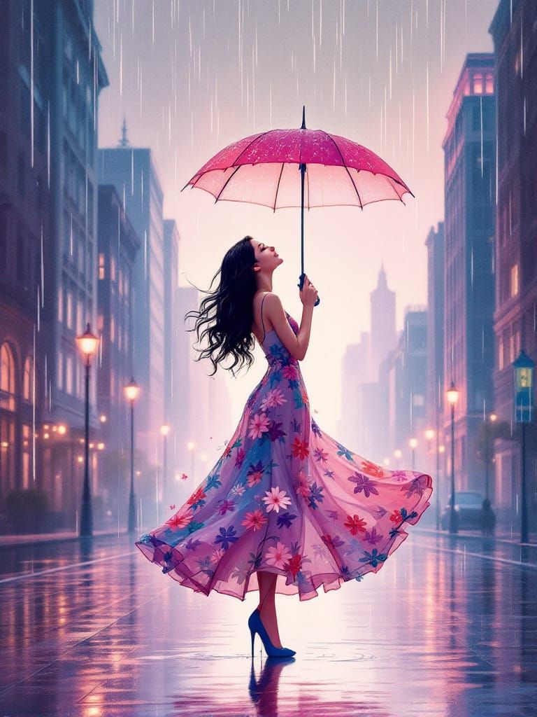 Woman in Rain with Umbrella and Floral Dress