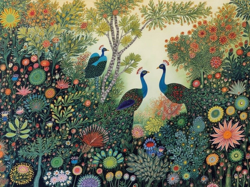 Oriental Palace Garden in Soft Evening Light with Peacocks a...