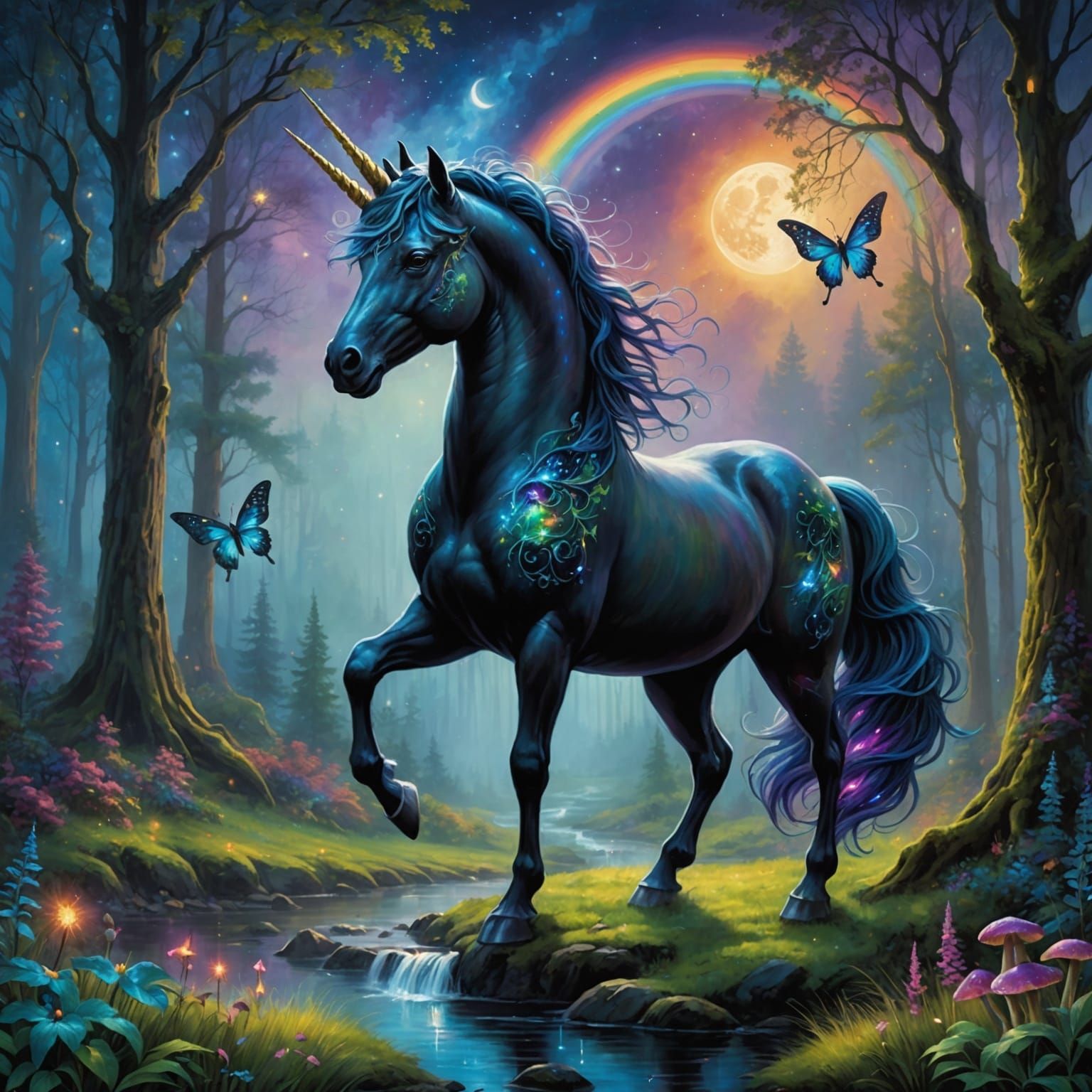 Dark Unicorn in Moonlit Forest, Ethereal Fantasy Art