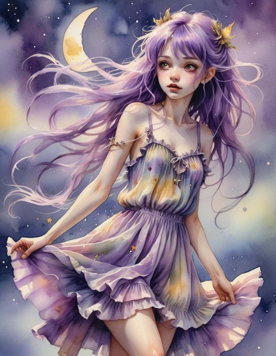 Punk Fairy in Moonlit Sky Watercolor Painting