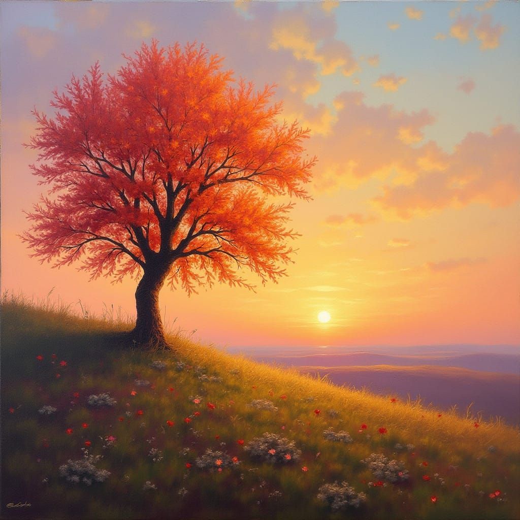 Sunset Landscape with Lone Tree in Soft Impressionist Light
