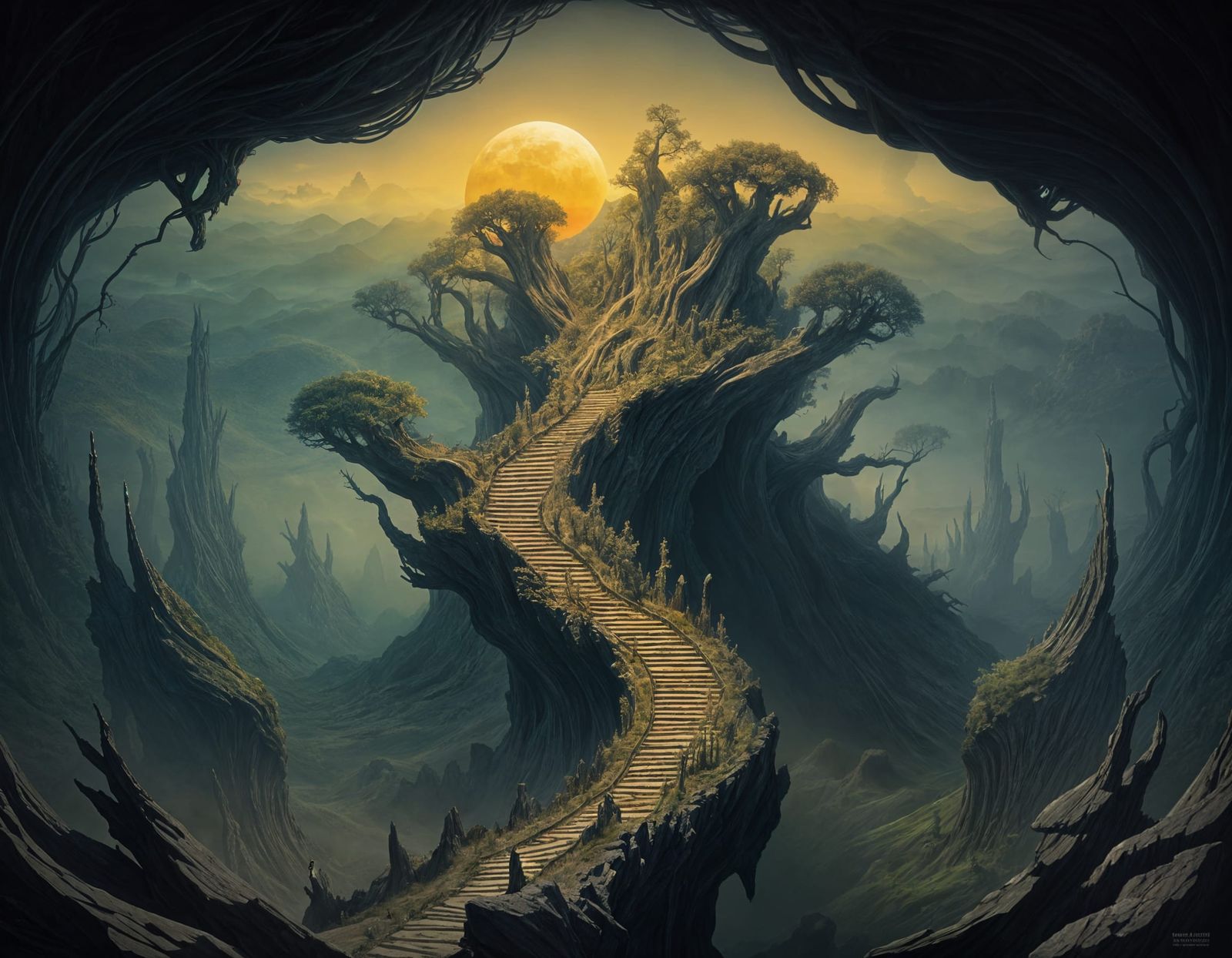 Surreal Landscape Inspired by Escher, Beksinski and Giger