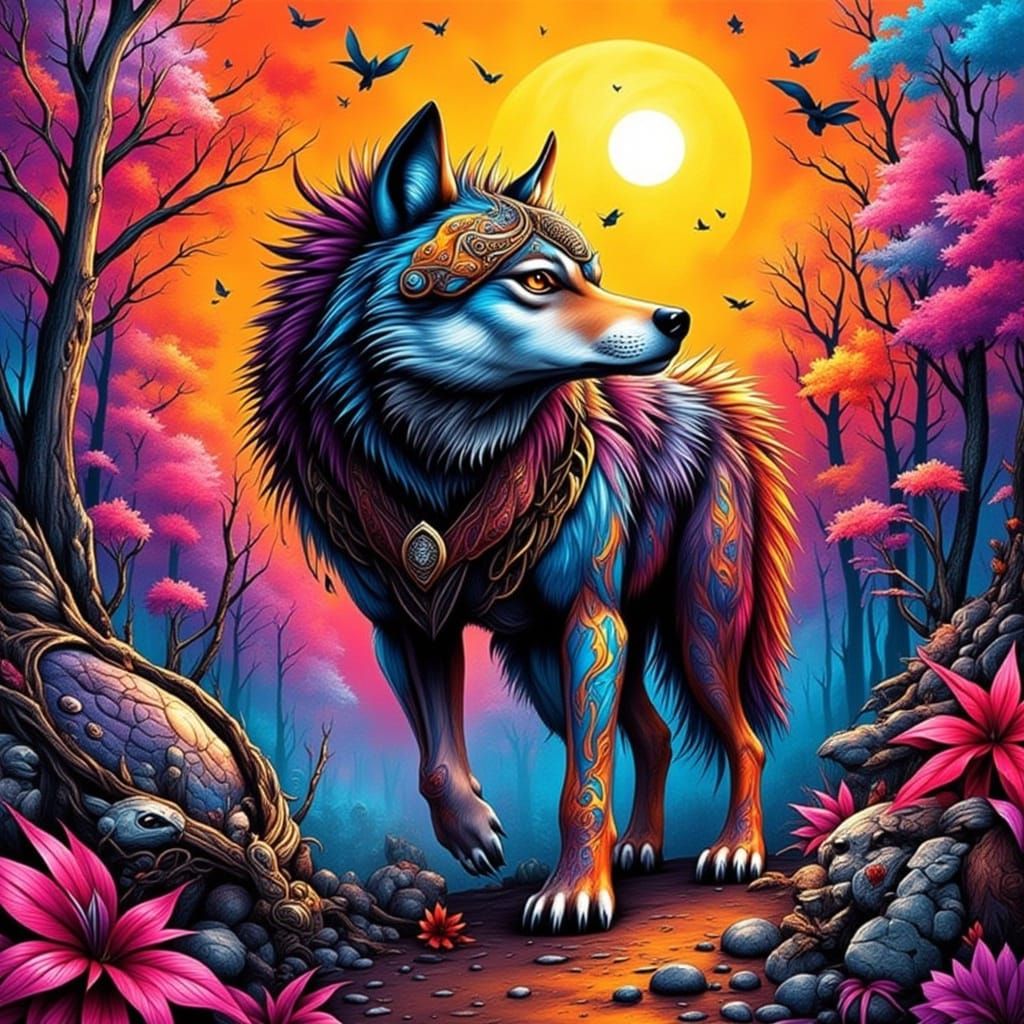 Wolf in Graffiti Landscape as Pop Art Tattoo