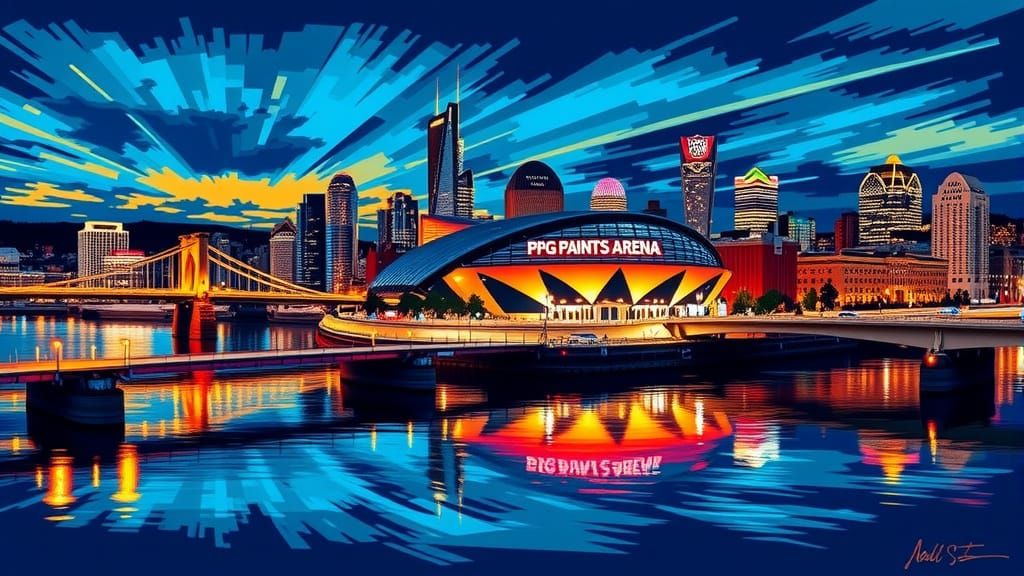 Cityscape Nighttime Scene of PPG Paints Arena in Pittsburgh