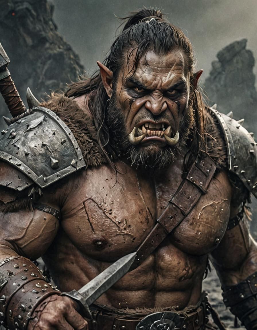 Fierce Orc Warrior Portrait in Brutalist Fantasy Art