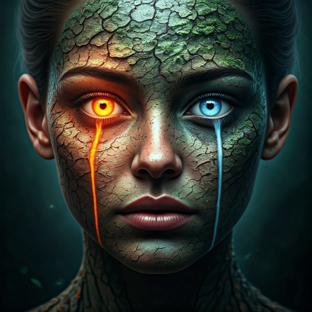 Transhumanist Woman in Celestial Landscape, Blending Organic...