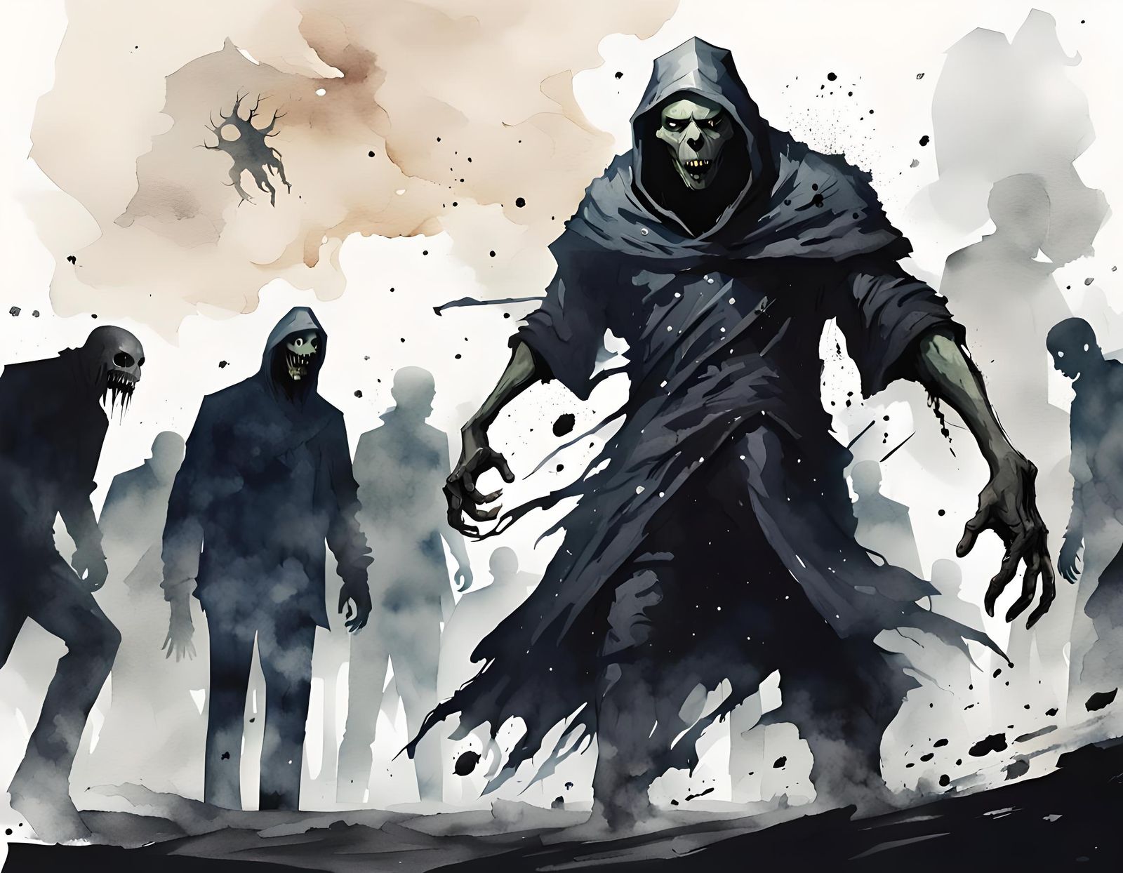 Grotesque Figure Leads People to Suffering: Horror Illustrat...