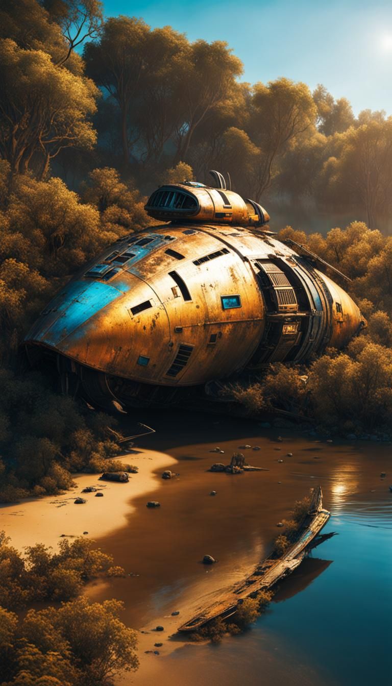 Beached Spaceship Relic in Post-Apocalyptic Sunset