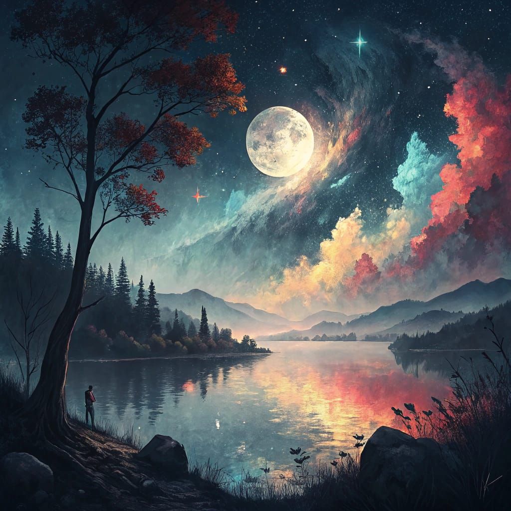 Moonlit Lake in Serene Harmony with Urban Chaos