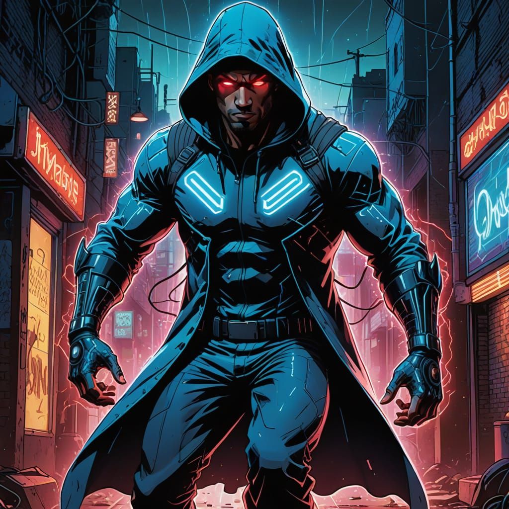 Cyberpunk Titan Smashes Drone in Neon Alley