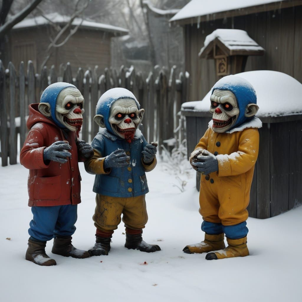 Zombie Monkey Monster Clowns Battle in Snowy Suburban Backya...