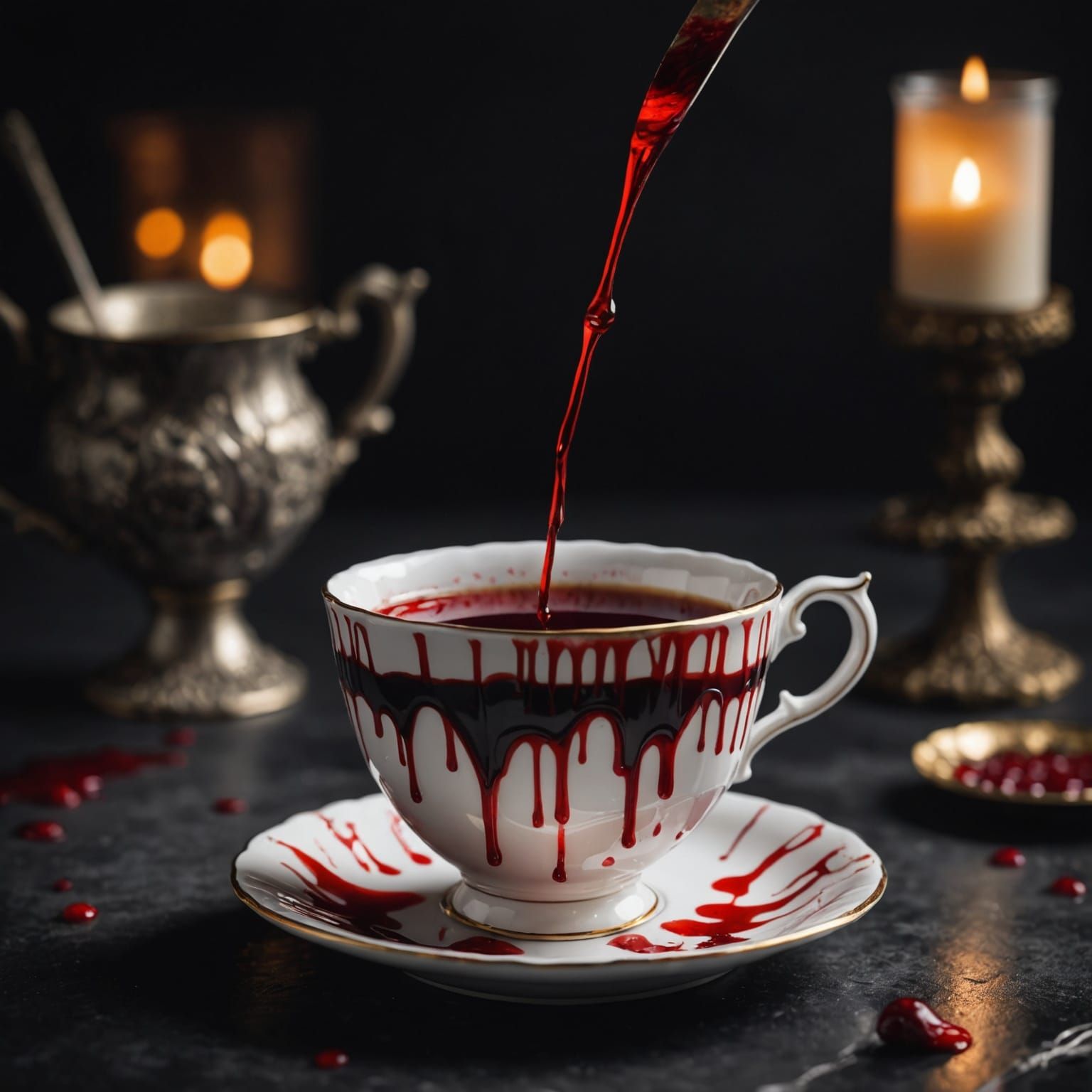 Spooky Teacup with Dripping Blood: Hyperreal Photography