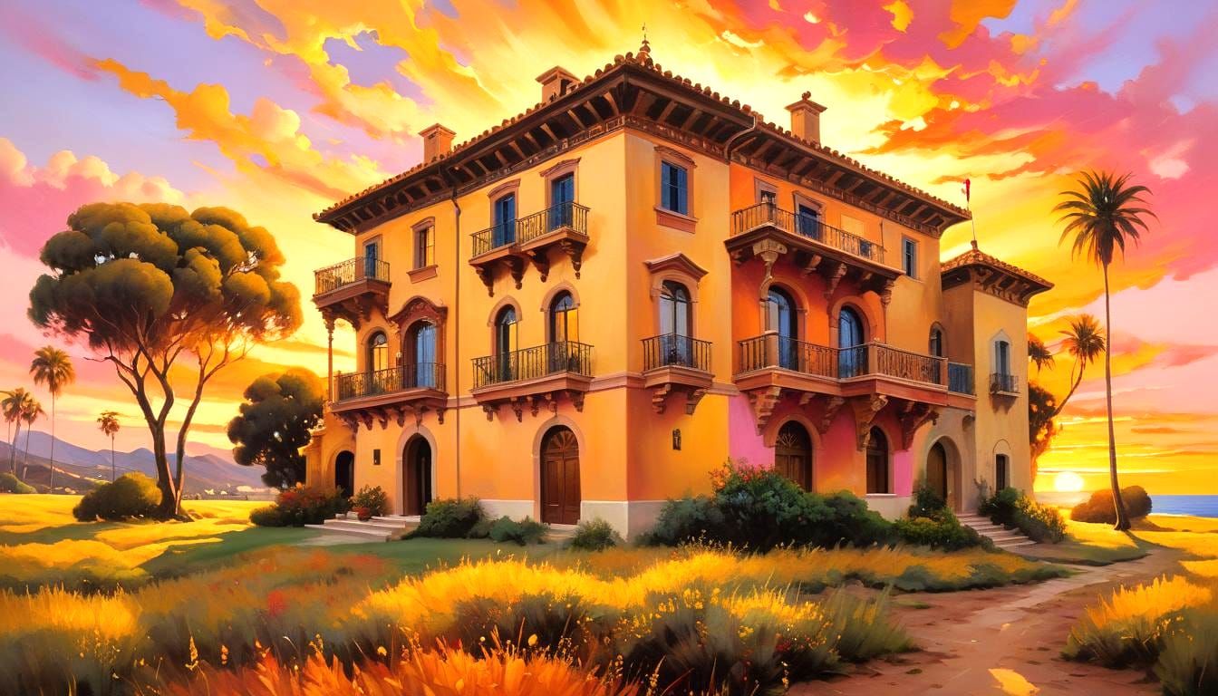 Spanish Colonial House at Sunset: Surreal Oil Painting