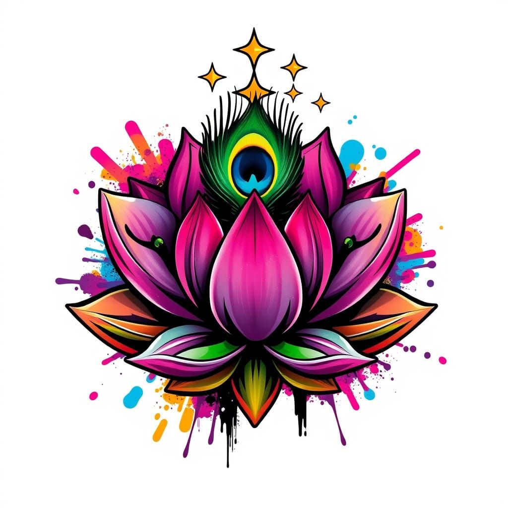 Graffiti Art Logo with Lotus, Feather, and Stars