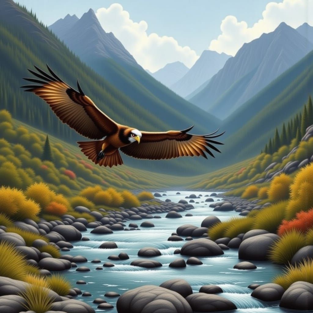 Hawk Soaring Over Mountain Stream