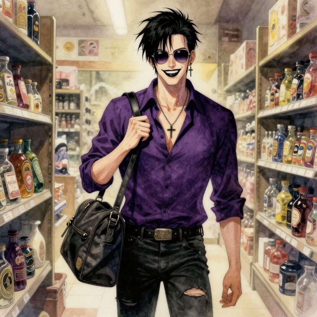 Gothic Man Smiling in Store, Watercolor Style