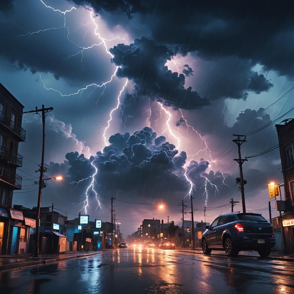 Electric Blue Lightning Illuminates Cityscape in Surreal Dig...