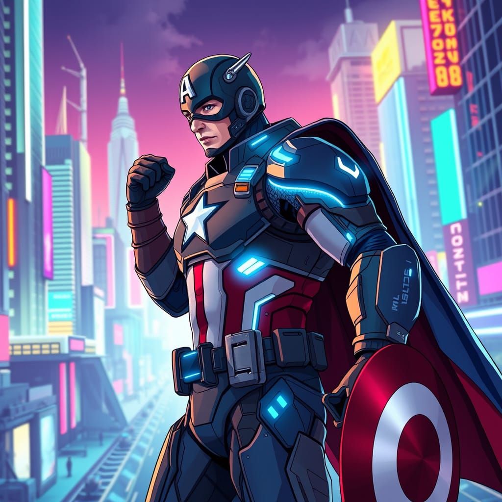 Cyberpunk Captain America Hero in Futuristic Armor
