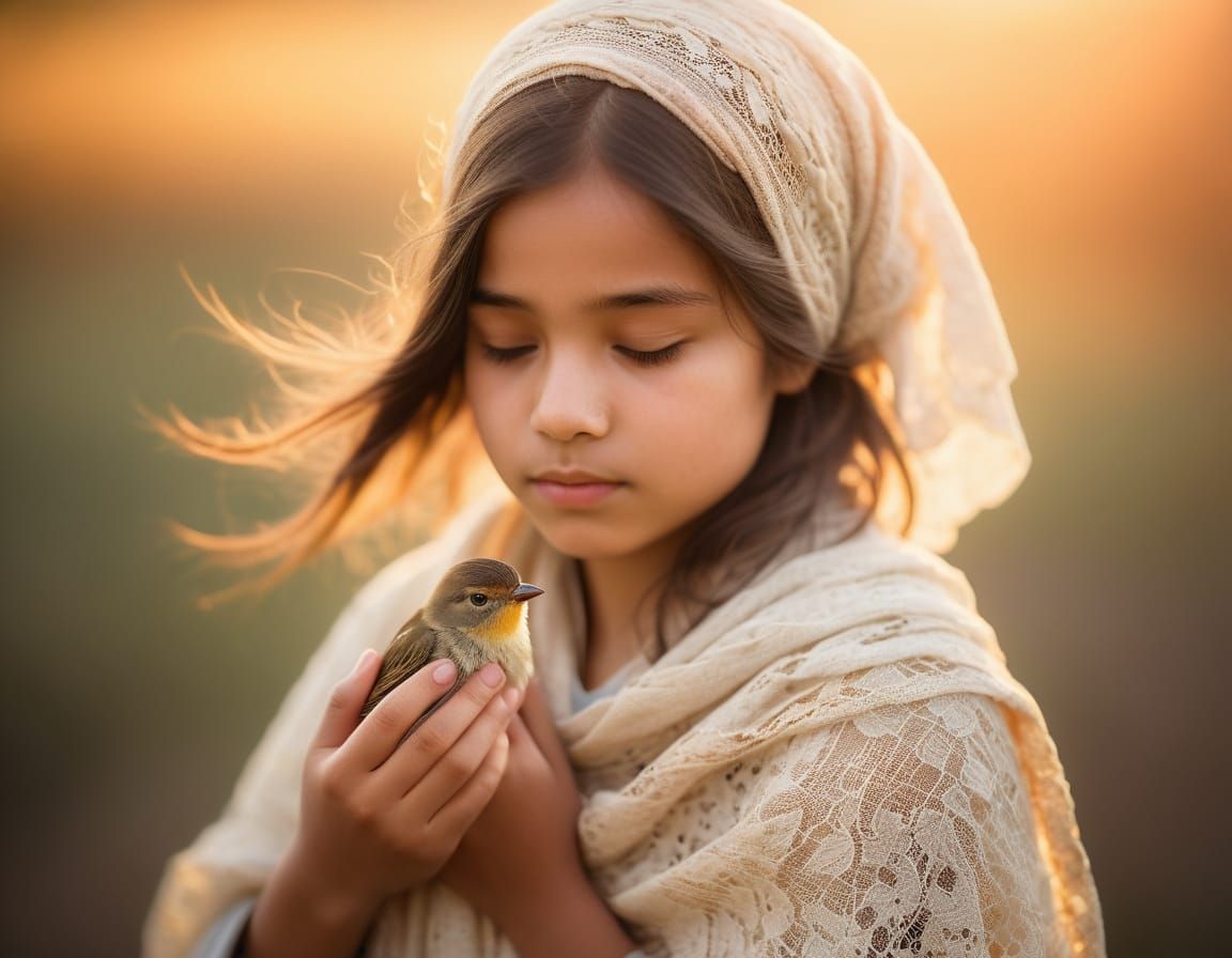 Girl with Bird: Impressionistic Portrait in Soft Light