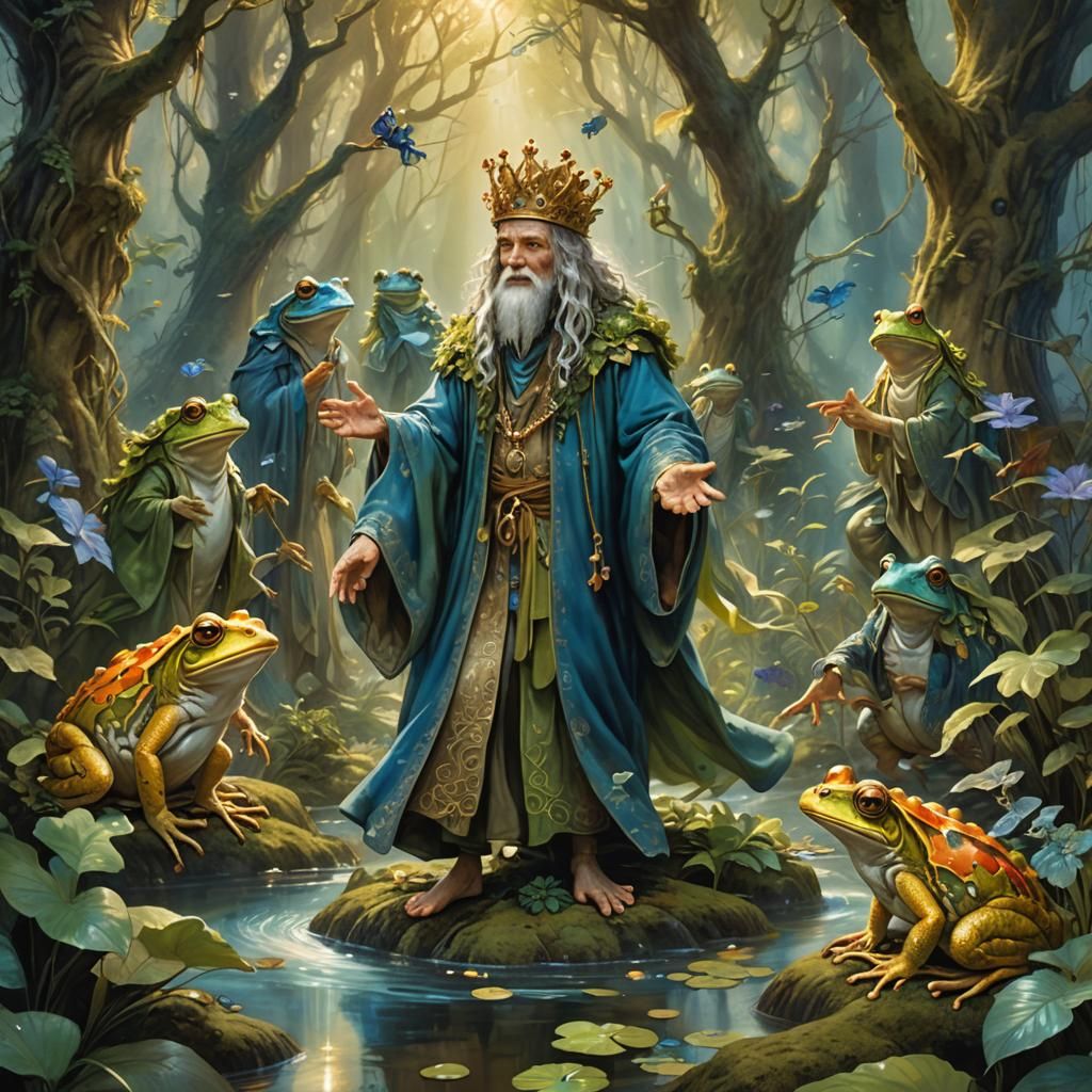 God Tap Dancing with Frogs in Mystical Forest