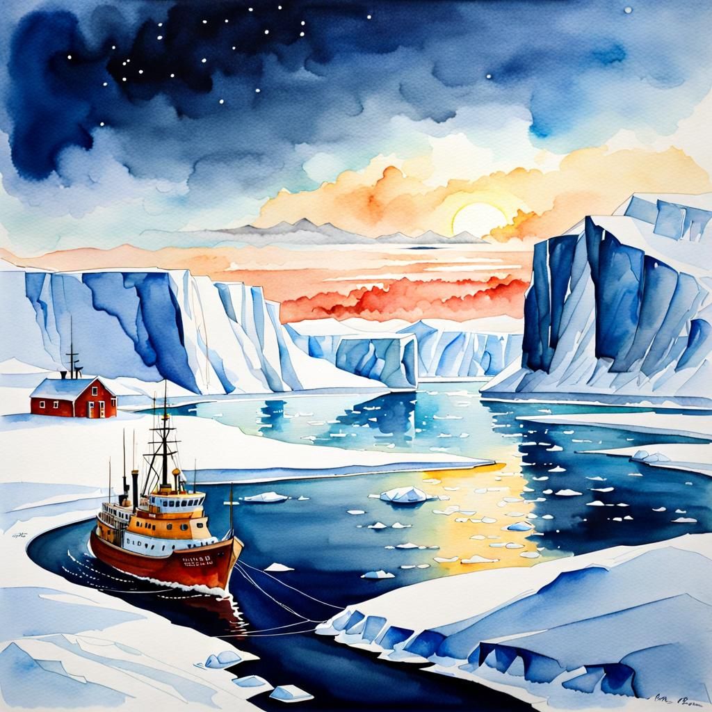 Arctic Expedition at North Pole in Watercolor