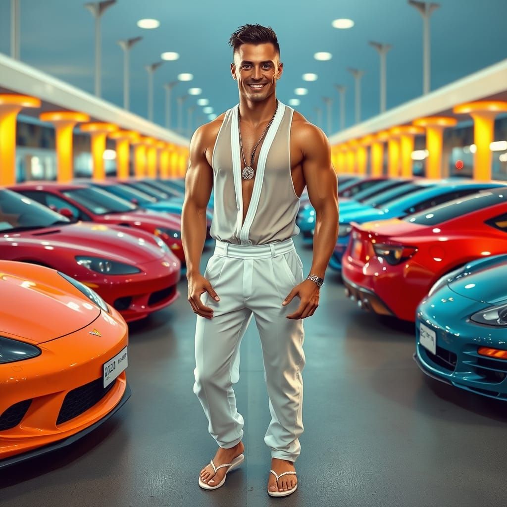 Muscular Man in Futuristic Car Park, Neon-Lit Realism