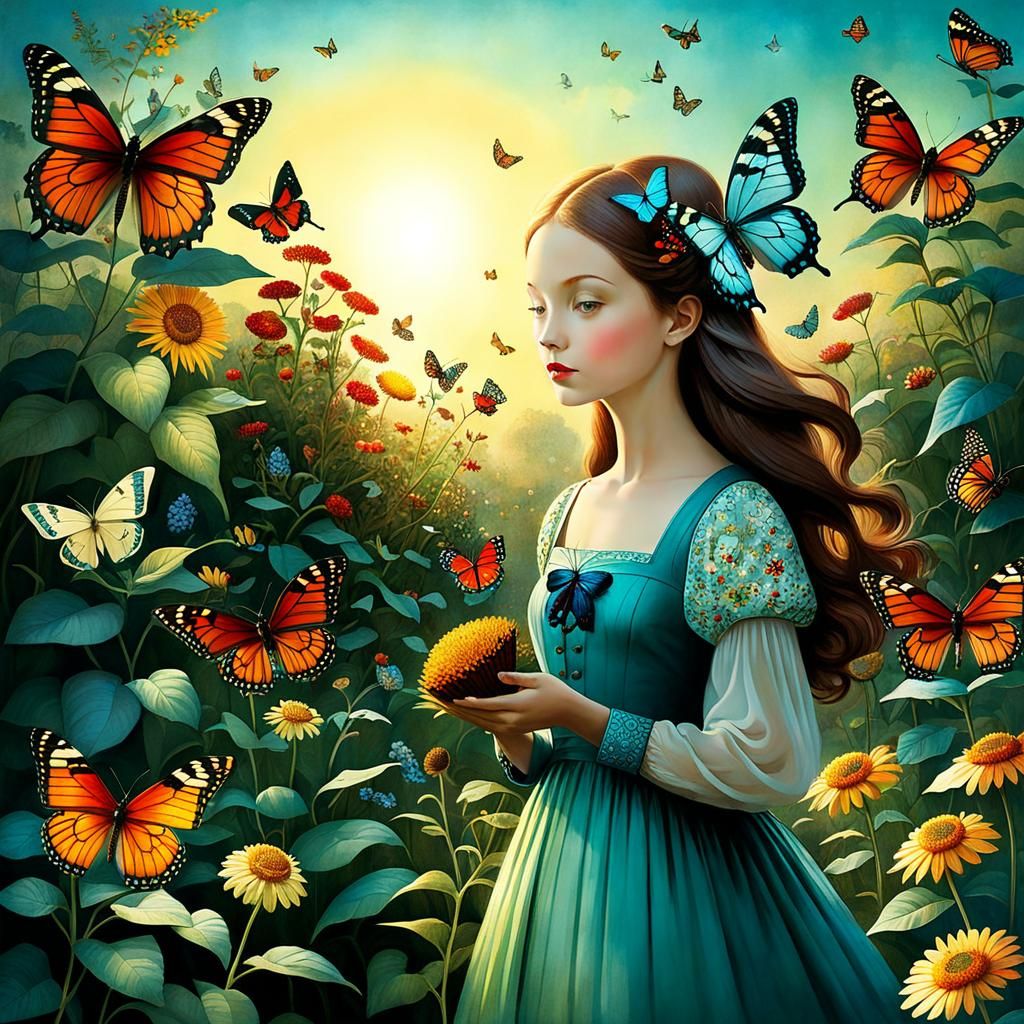 Surreal Butterfly Garden at Sunset