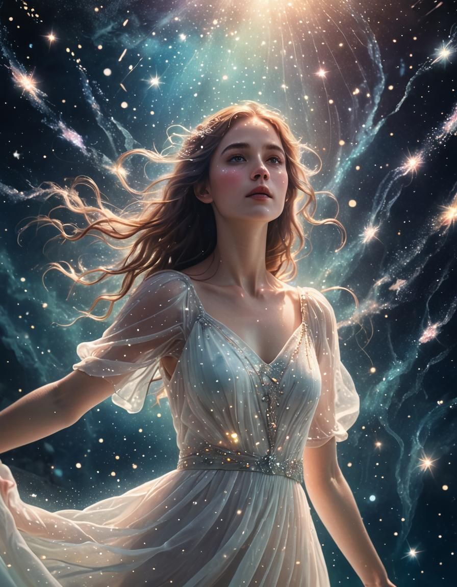 Ethereal Woman Surrounded by Stars in Anime Style