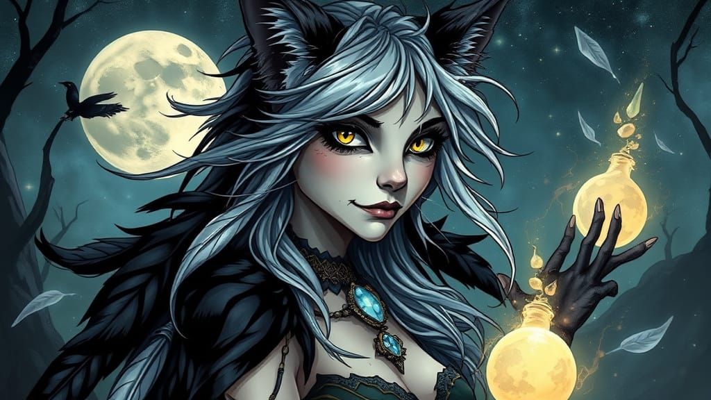 Elegant Cat Witch in Dark Fantasy Comic Art