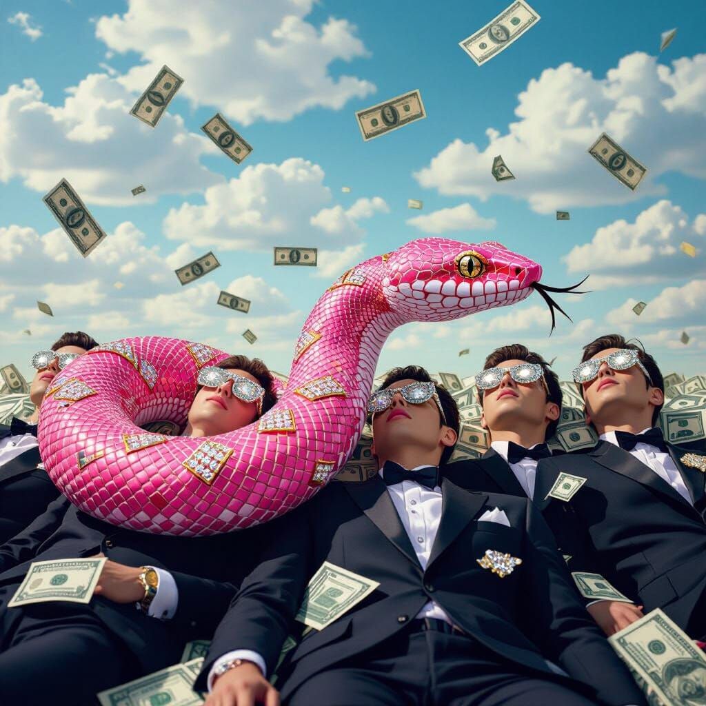 Diamond Snake Slithering Over Men in Pop Art Style