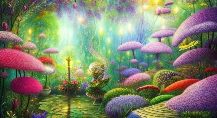 Enchanted Fairy Garden with Lace Flowers in Gouache Style