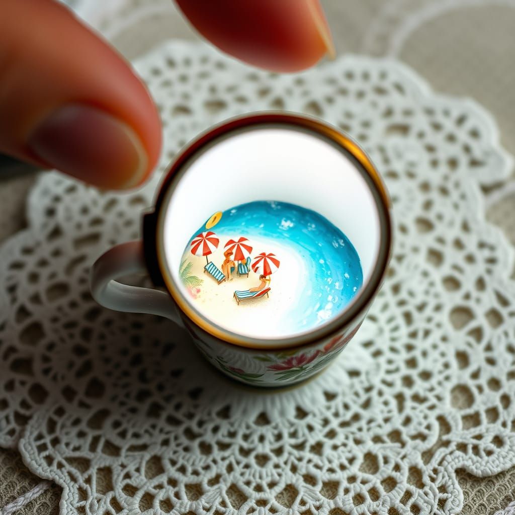 Miniature Beach Scene Inside Porcelain Teacup