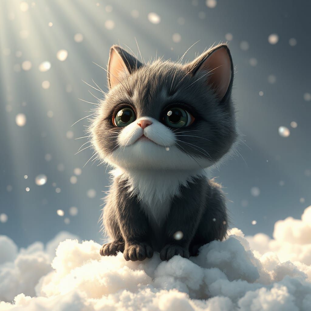 Kawaii Cat on Cloud in 3D Anime Style
