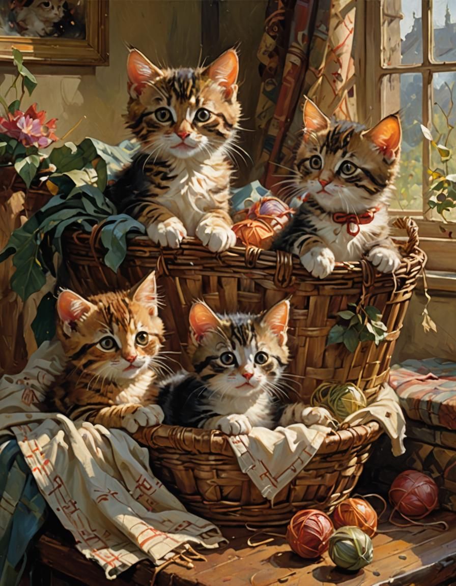 Adorable Triplet Kittens in Basket, Oil on Canvas