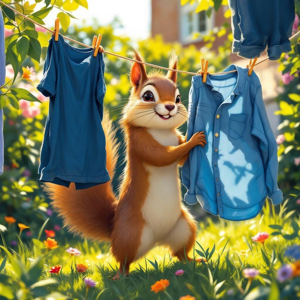 Playful Squirrel Stealing Clothes in Sunny Backyard