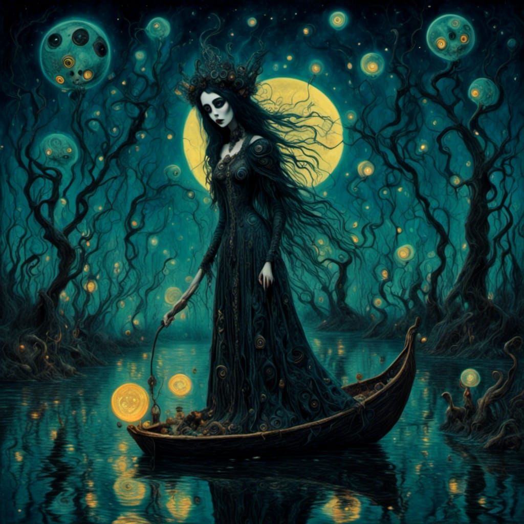 Gothic Apprentice Scooping Stars: Deep Color Impressionism