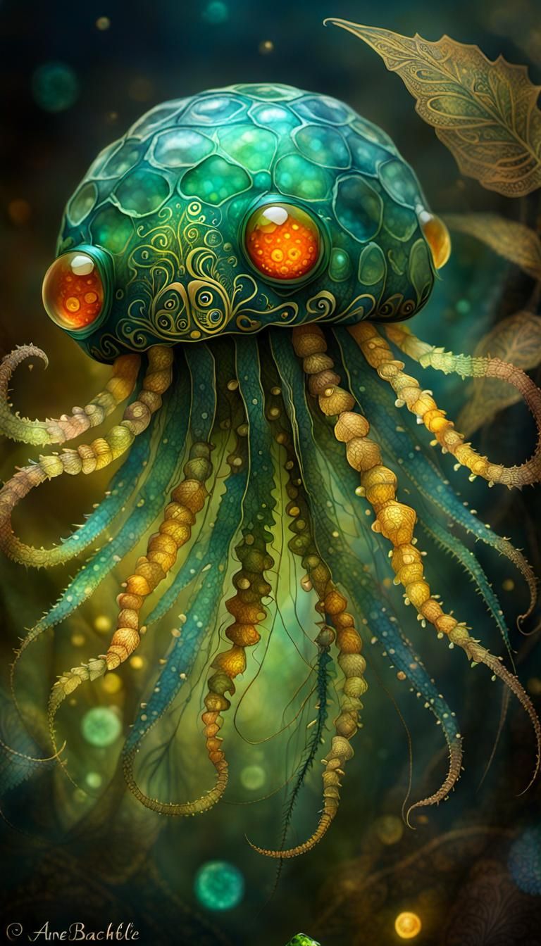 Gilded Jellyfish Creature in Mixed Media Style