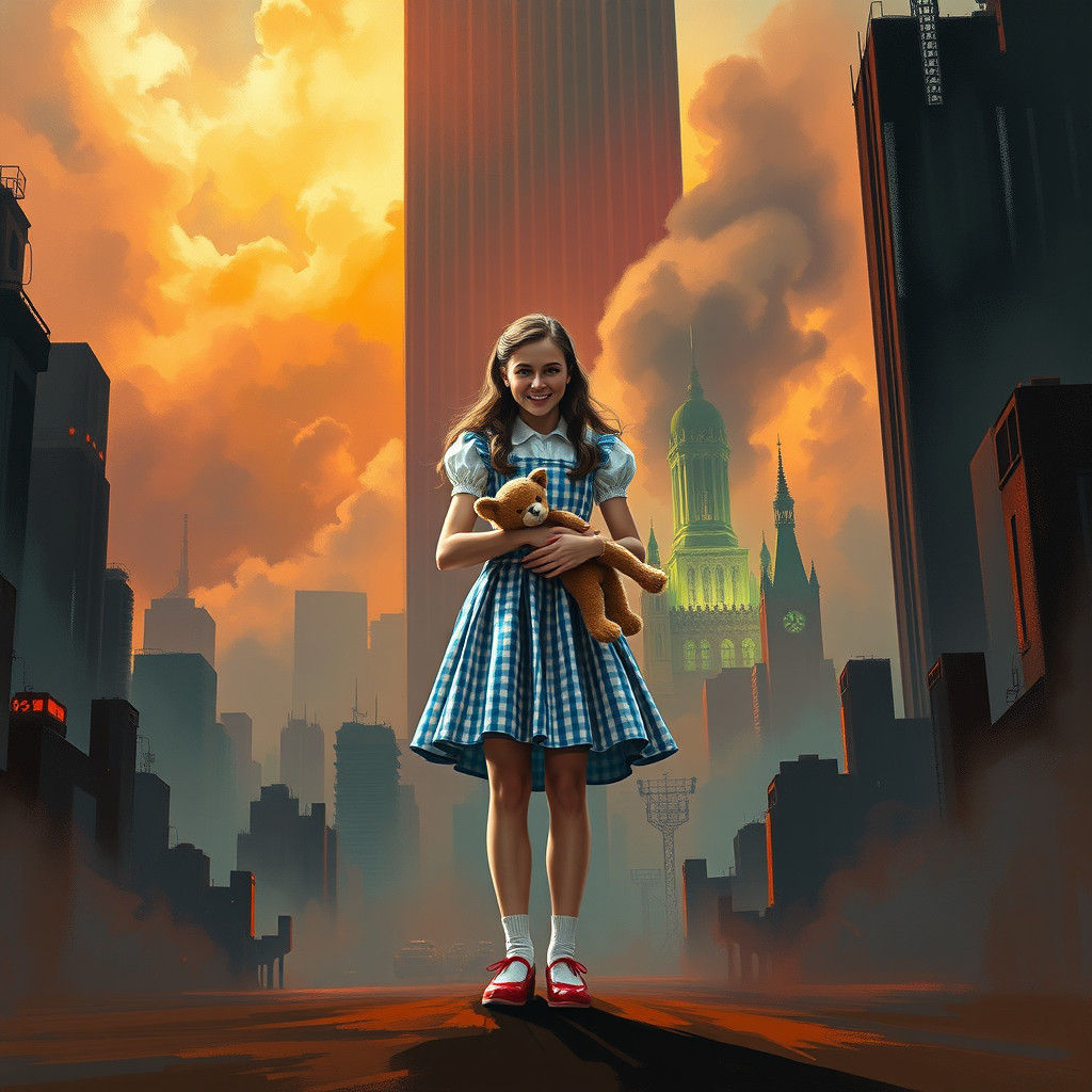 Dorothy in Cyberpunk Emerald City, Impasto Gouache