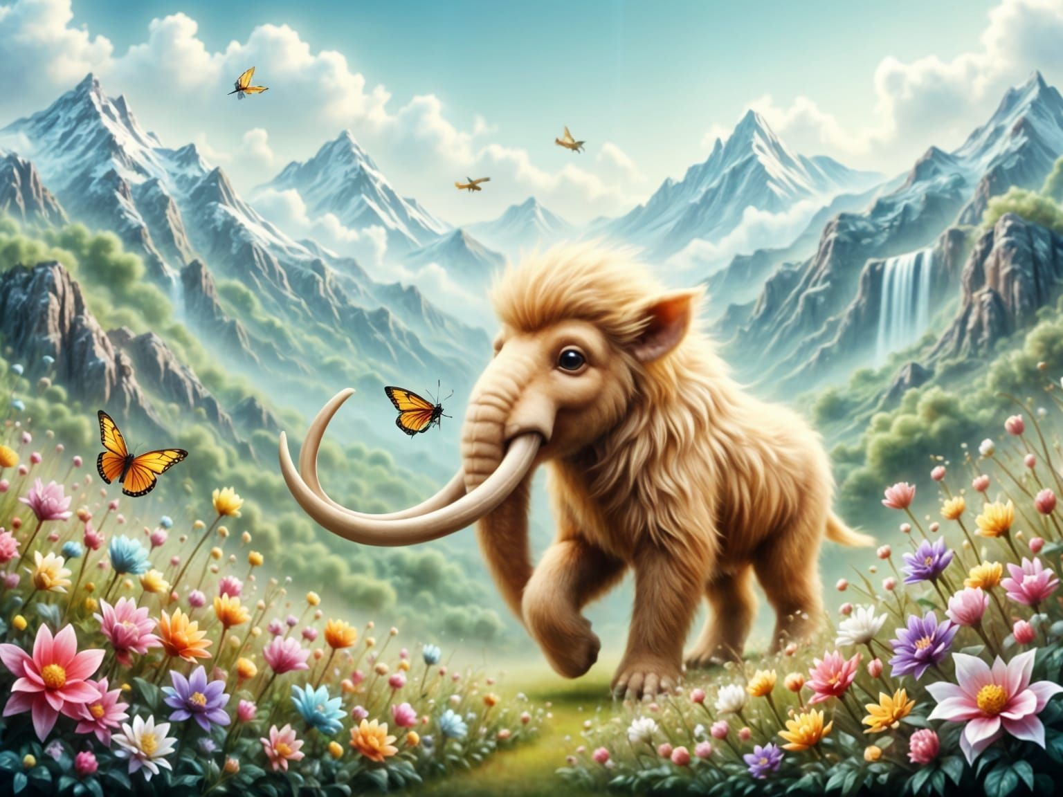 Fluffy Mammoth Calf in Mountain Meadow