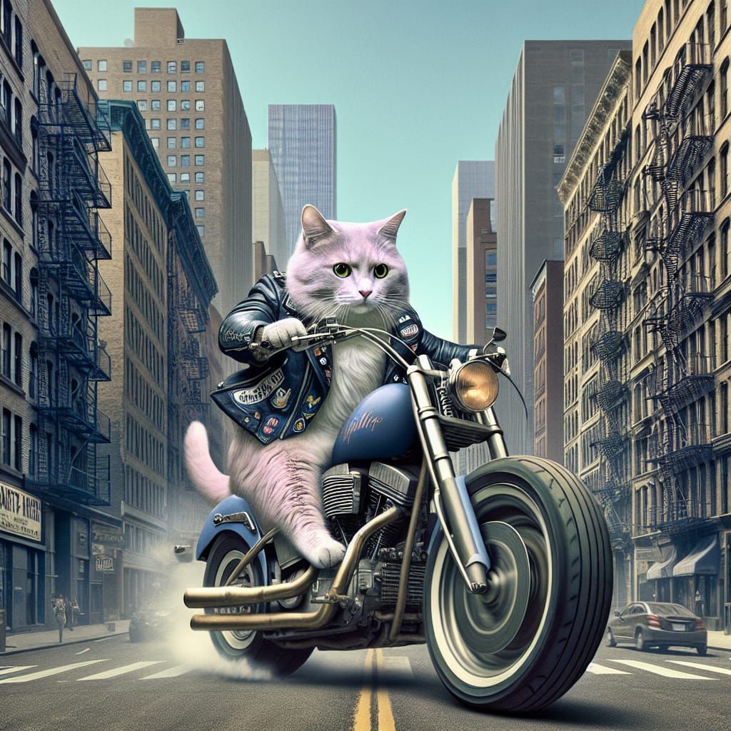 Pastel Cat Biker on Motorcycle in Hyper-Realistic HDR
