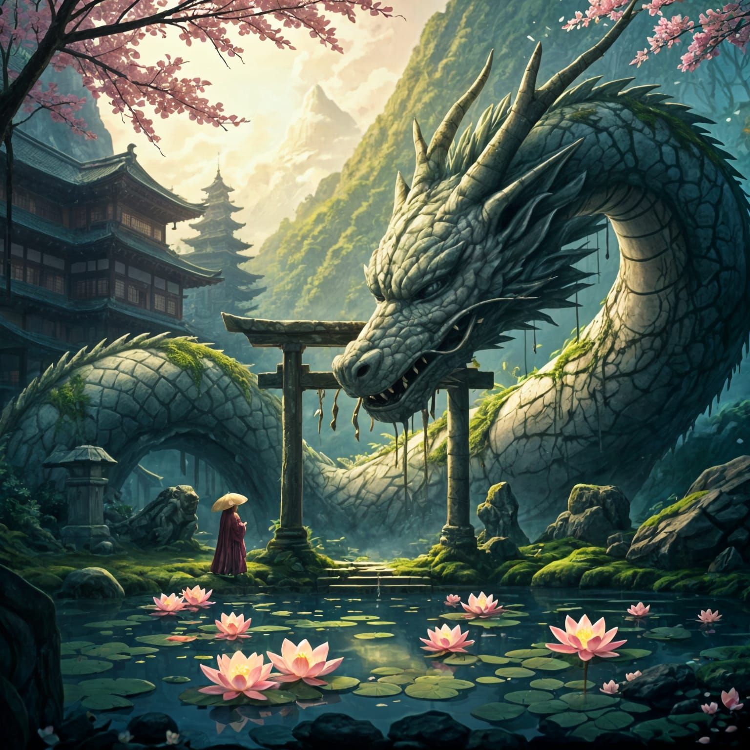 Ancient Japanese Dragon Shrine Scene in Anime Style