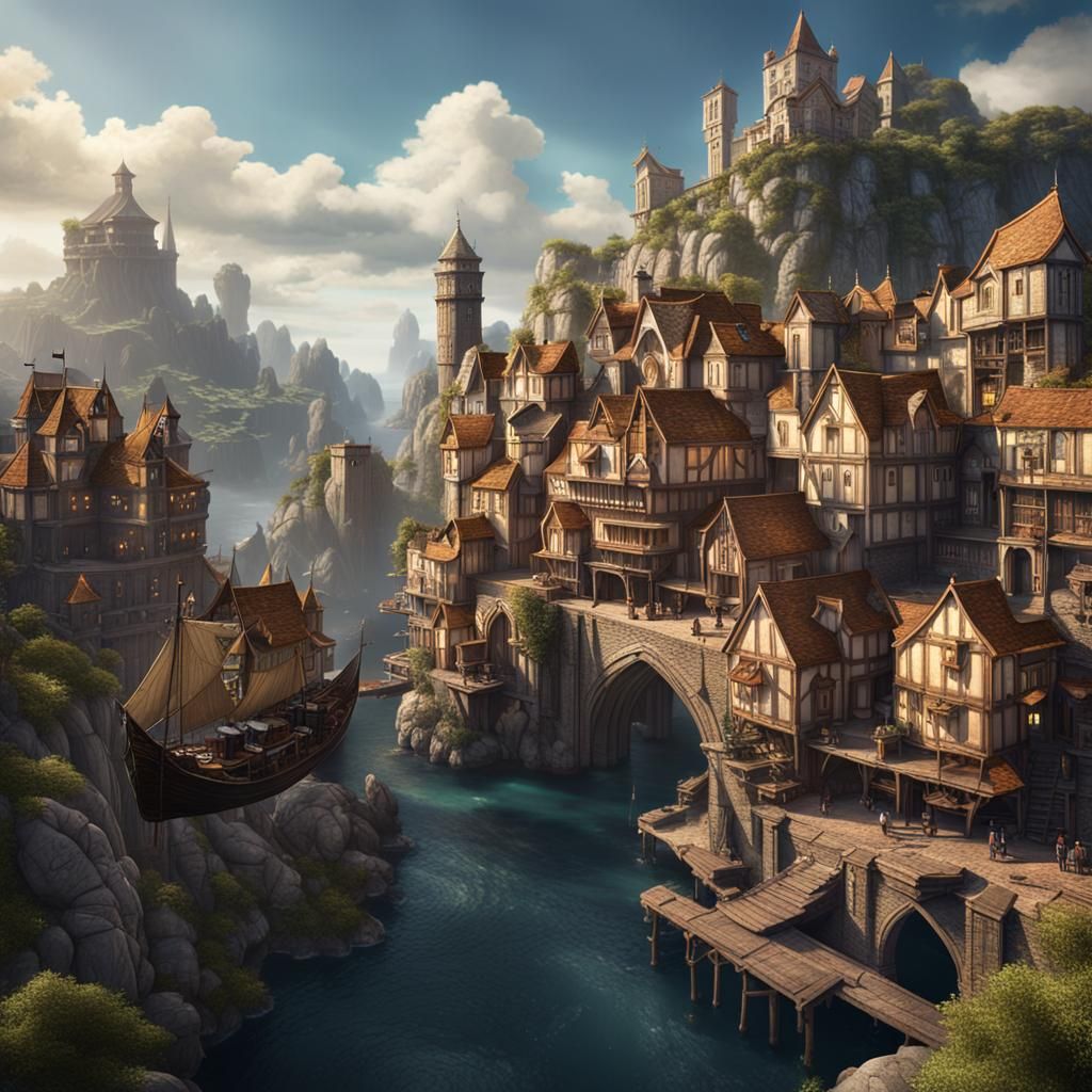 Fantasy Victorian Port Town on Cliff, Detailed Matte Paintin...